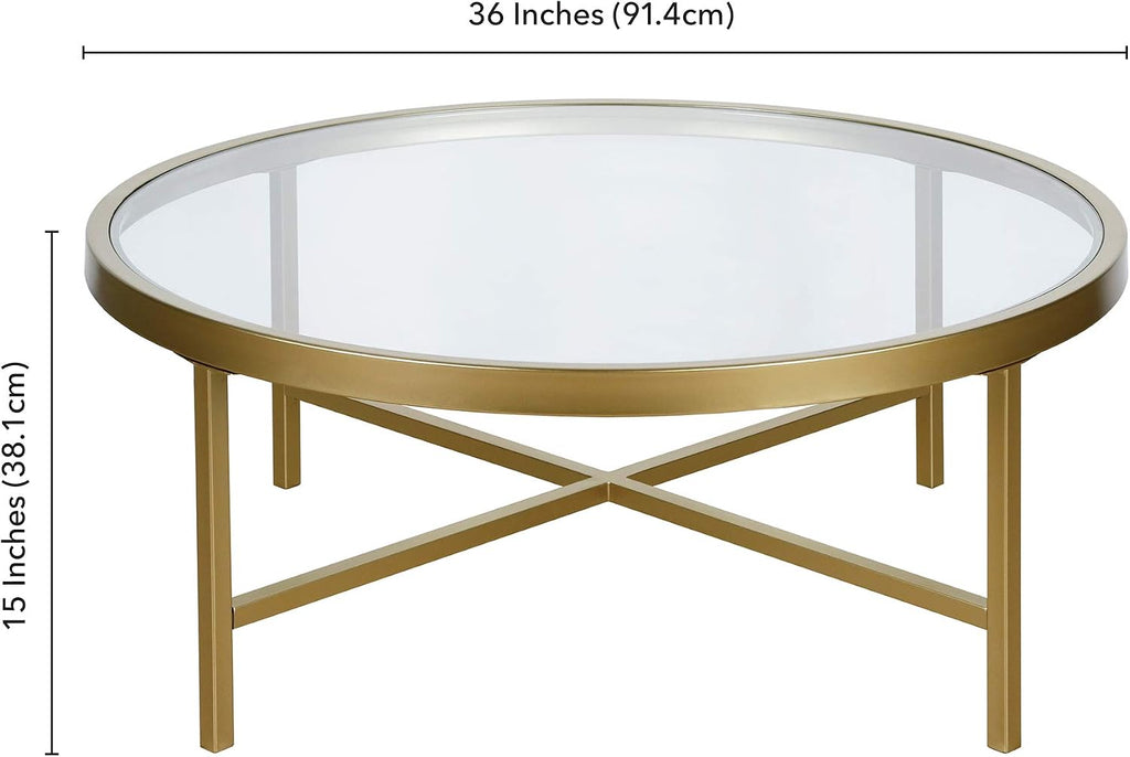 Henn&Hart 36' Wide Round Coffee Table with Glass Top in Brass, Modern coffee tables for living room, studio apartment essentials
