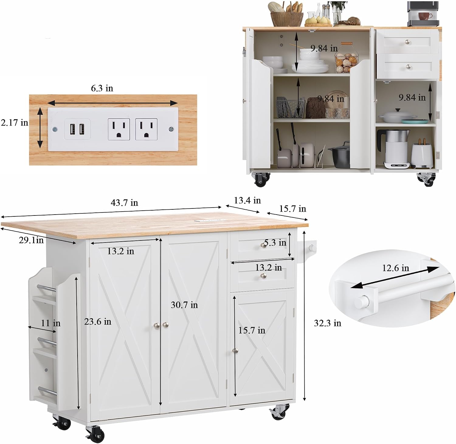 HOMREST 50.4' Kitchen Island with Drop Leaf & Power Outlet, Farmhouse Rolling Island Cart with 3 Spices Shelves on Wheels, Mobil Kitchen Island Table with Rubberwood Countertop Towel Rack, White