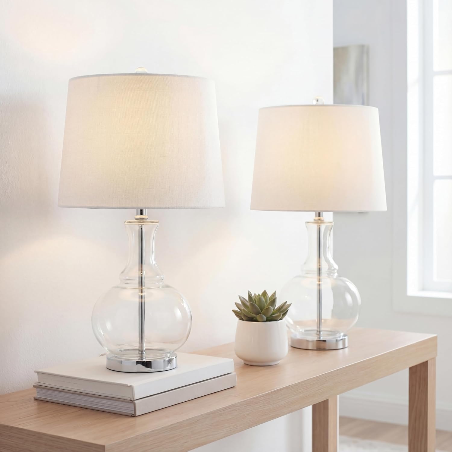 JONATHAN Y 25' Clear/Chrome and Brass Gold Glass Table Lamp Set of 2 for Bedroom, Modern Bedside Lamp for Living Room Nightstand, White Linen Drum Shade, LED Bulb Included (JYL1068B-SET2)