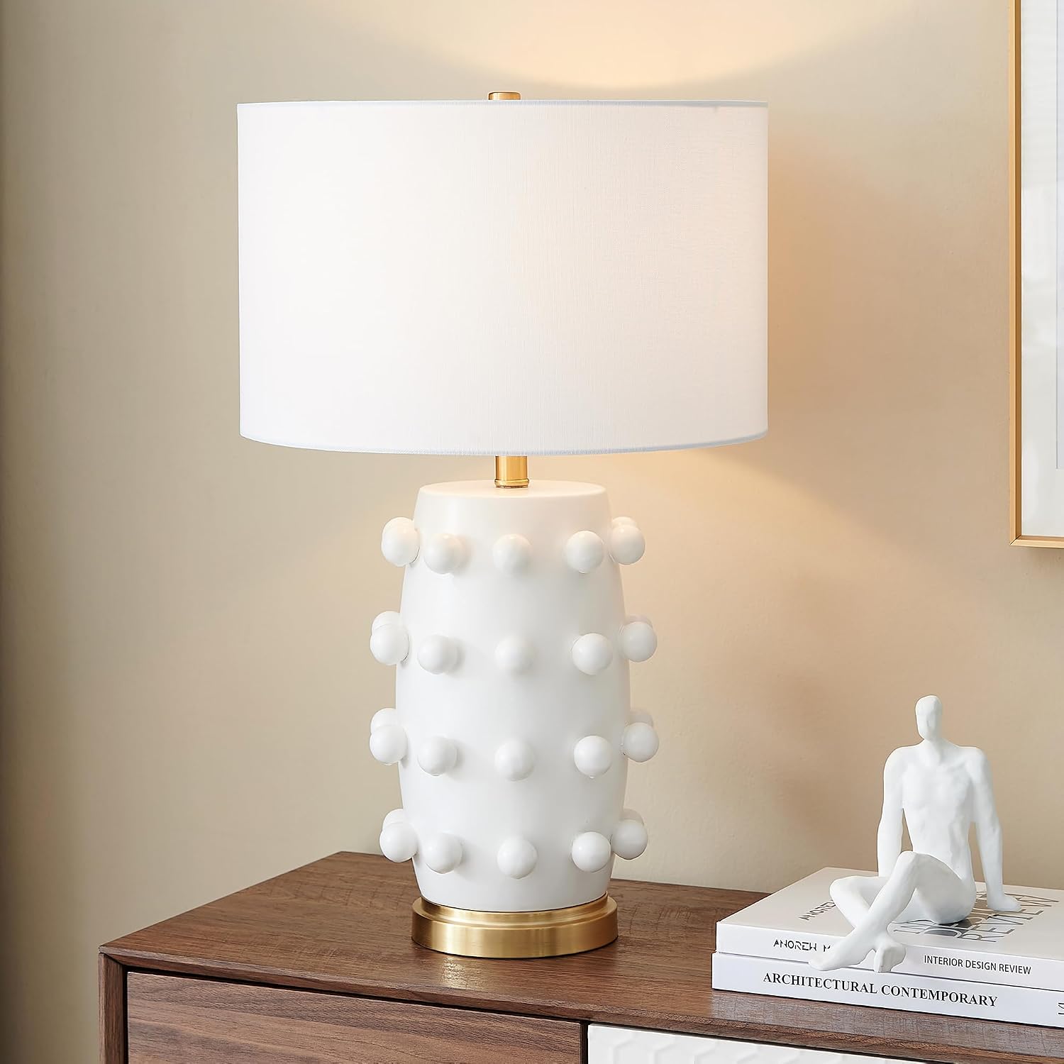 Henn&Hart 25.5'' Modern 1-Light Ceramic Table Lamp with Spherical Orbs on Lamp Body with White Fabric Drum Shade for Living Room, Bedroom, or Office, Matte White