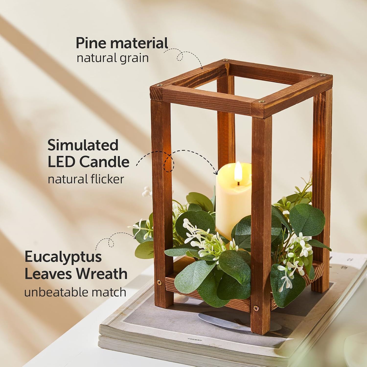 48 Pcs/16 Set Wooden Wedding Lantern Centerpiece,Wooden Centerpieces for Tables-with 16 Holders 16 Candles 16 Wreaths for Rustic Table Decoration Country Barn Wedding Party (Brown)