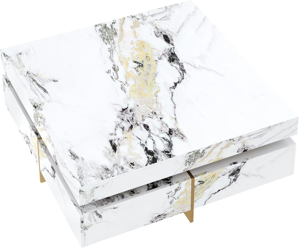 Merax 43.3 Inch Modern Large Square Coffee Table with Marble Textured Top, 4 Built-in Drawers Ample Storage and Floating Suspended Base, Modern Elegance White MDF Storage Center Table for Living Room
