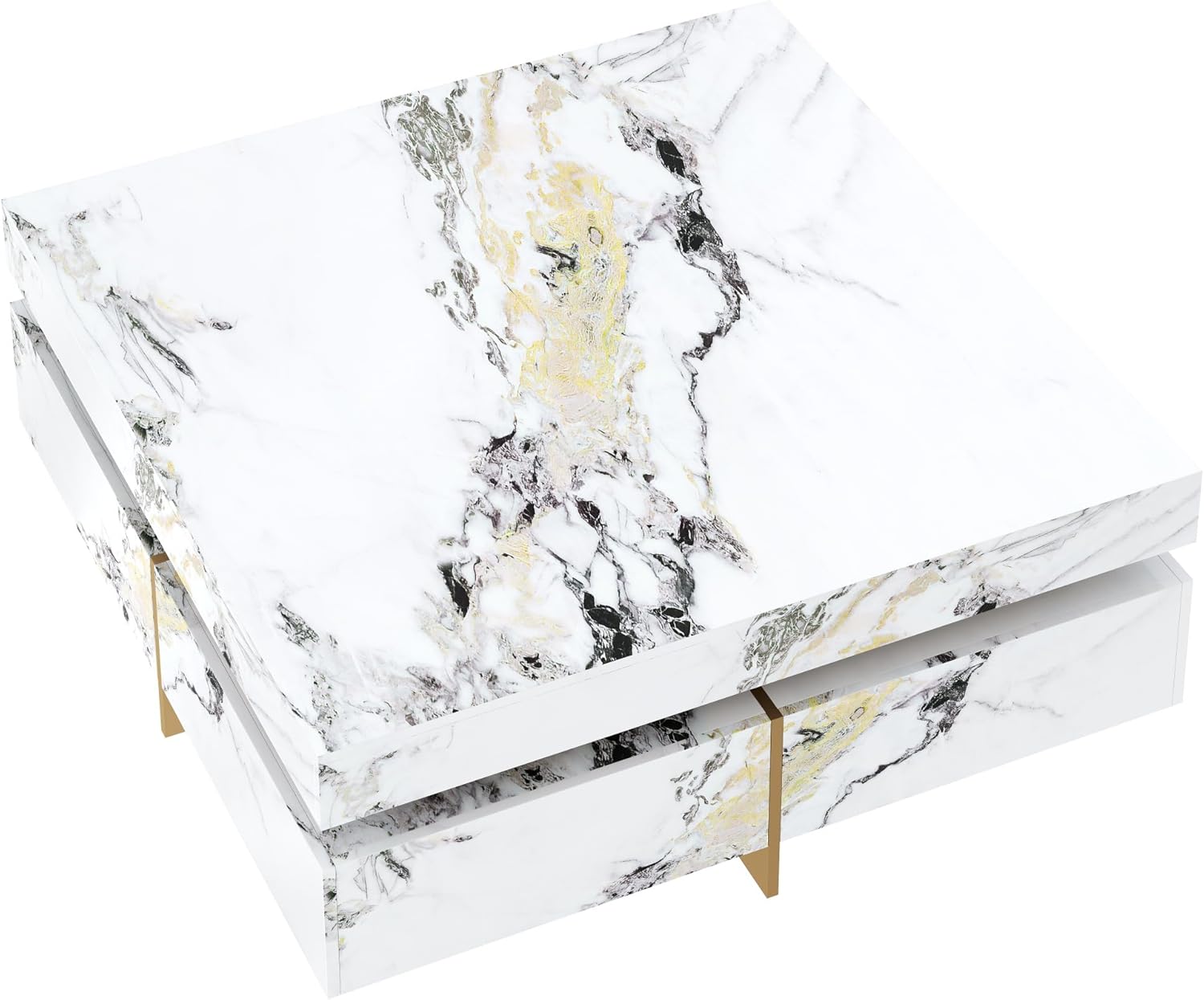 Merax 43.3 Inch Modern Large Square Coffee Table with Marble Textured Top, 4 Built-in Drawers Ample Storage and Floating Suspended Base, Modern Elegance White MDF Storage Center Table for Living Room