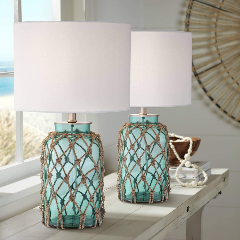 360 Lighting Crosby Cottage Accent Table Lamps 22.5' High Set of 2 Natural Coastal Blue Green Rope Net Off White Drum Shade Decor for Living Room Bedroom House Bedside Nightstand