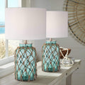 360 Lighting Crosby Cottage Accent Table Lamps 22.5' High Set of 2 Natural Coastal Blue Green Rope Net Off White Drum Shade Decor for Living Room Bedroom House Bedside Nightstand