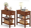 Giantex Narrow End Table Set of 2, Farmhouse Side Tables with Drawer & Storage Shelves, Wood Sofa Side Table, 3-Tier Night Stand for Small Space Living Room Bedroom, Brown