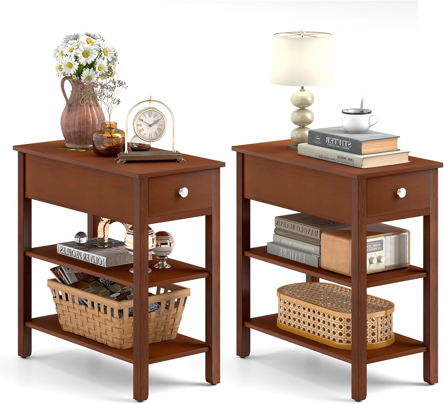Giantex Narrow End Table Set of 2, Farmhouse Side Tables with Drawer & Storage Shelves, Wood Sofa Side Table, 3-Tier Night Stand for Small Space Living Room Bedroom, Brown