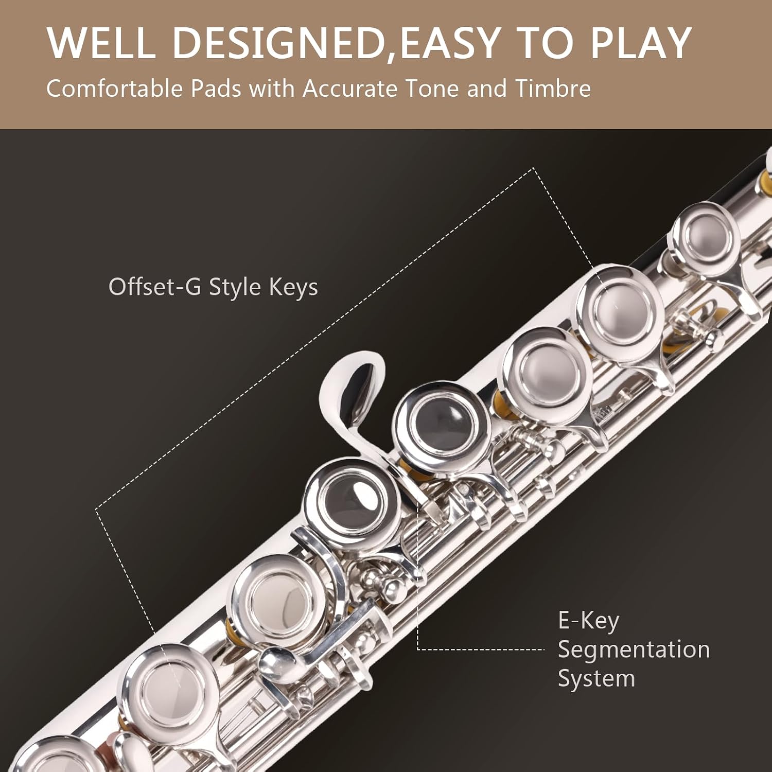 Professional Silver Plated C Flute for Beginners and All Levels, 16 Key Closed Hole with Ergonomic Design, Includes Carrying Case, Gloves, Cleaning Cloth, Tuning Rod, INEFFA