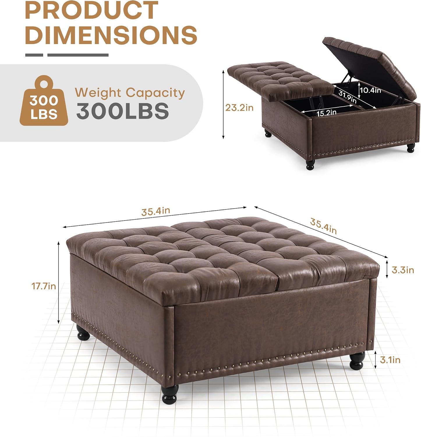 Redlife 35 Inch Large Square Storage Ottoman, Storage Ottoman Coffee Table with Lift Top Faux Leather Ottomans Bench Square Footrest Oversized Upholstered Coffee Table for Living Room (Dark Brown)