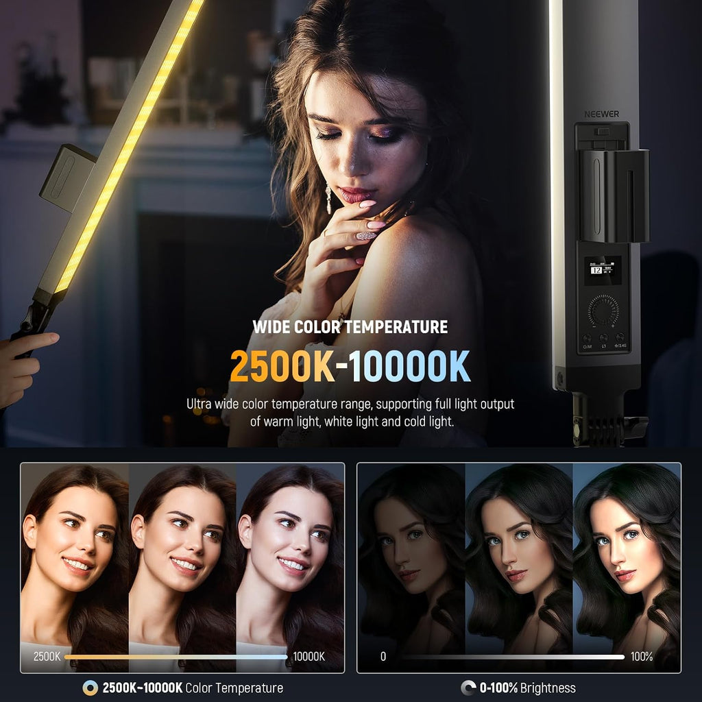 NEEWER Photography RGB Light Stick Kit, 2 Pack LED Video Tube Lights w/Stands, Diffusers, 3250Lux Dimmable Light Wand 2500-10000K CRI95+/TLCI97+ APP/2.4G/Panel Control for Live/Videos/Vlog, BH20C