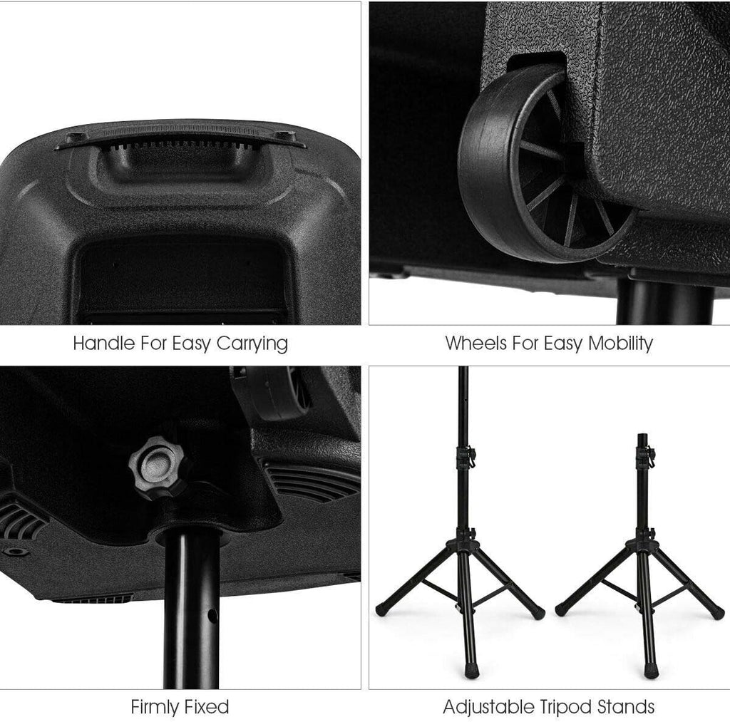 Sonart 15' 1500W Powered Speakers, 2-Way Full Range Portable PA Speaker System Combo Set With Stands/Illuminating Light/Microphone/EQ/USB/Bluetooth