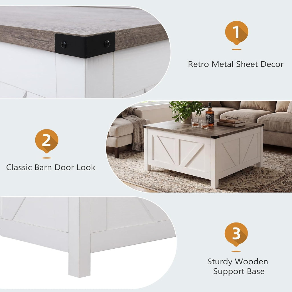 35' Farmhouse Coffee Table with Large Storage, Rustic Wood Lift Top Coffee Table for Living Room, Square Center Table with Charging Station&USB, Modern Port Pottery Barn Lift top Table