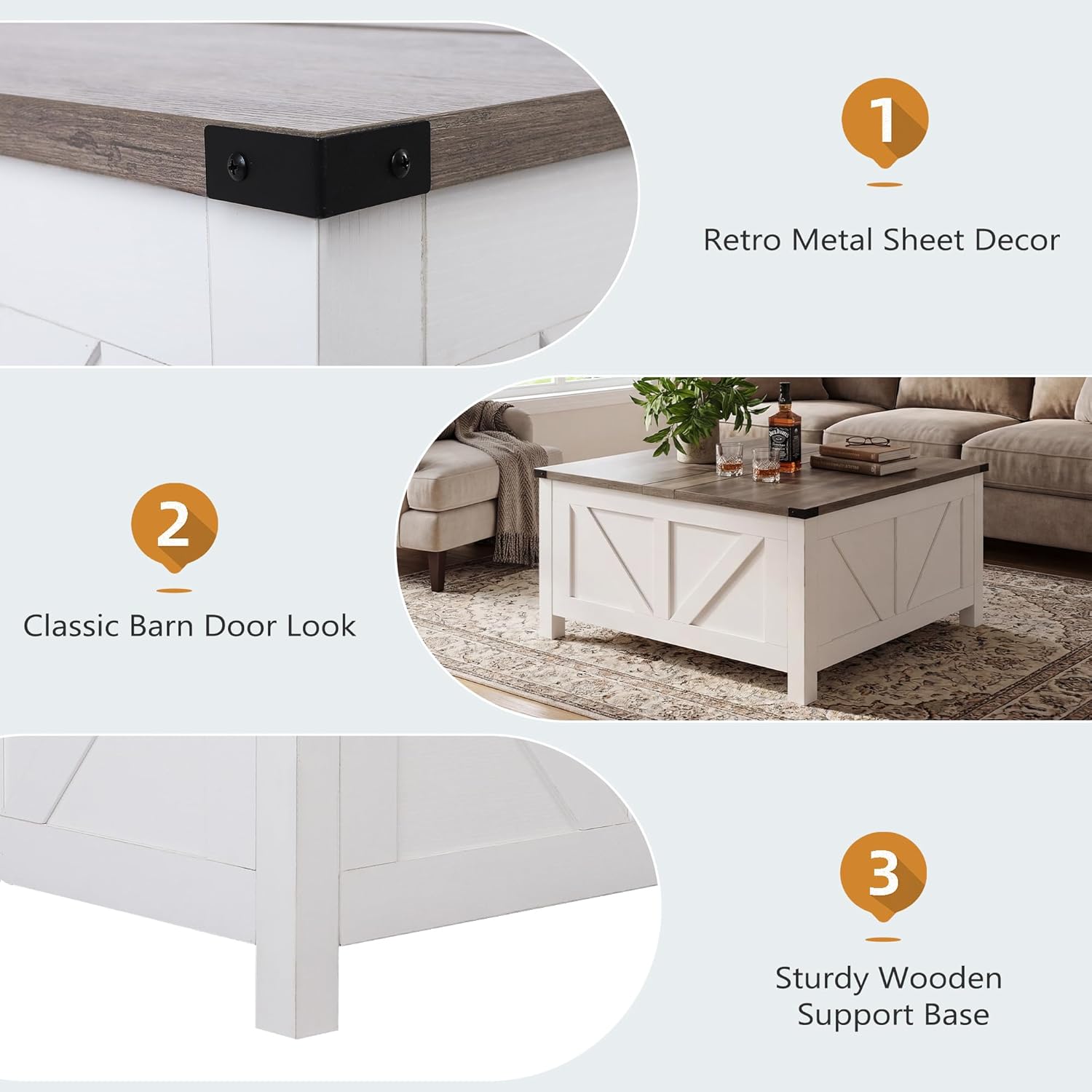 35' Farmhouse Coffee Table with Large Storage, Rustic Wood Lift Top Coffee Table for Living Room, Square Center Table with Charging Station&USB, Modern Port Pottery Barn Lift top Table