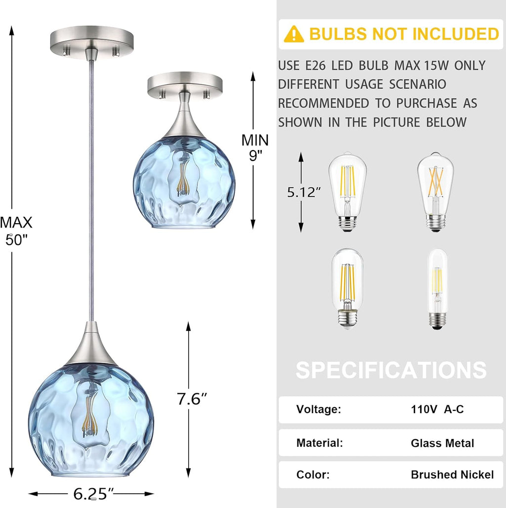 6.3' Texture Blue Glass Pendant Light 3 Pack Pendant Ceiling Light Fixture Brushed Nickel Finish Modern Farmhouse Dinning Over Sink Adjustable Height Cord