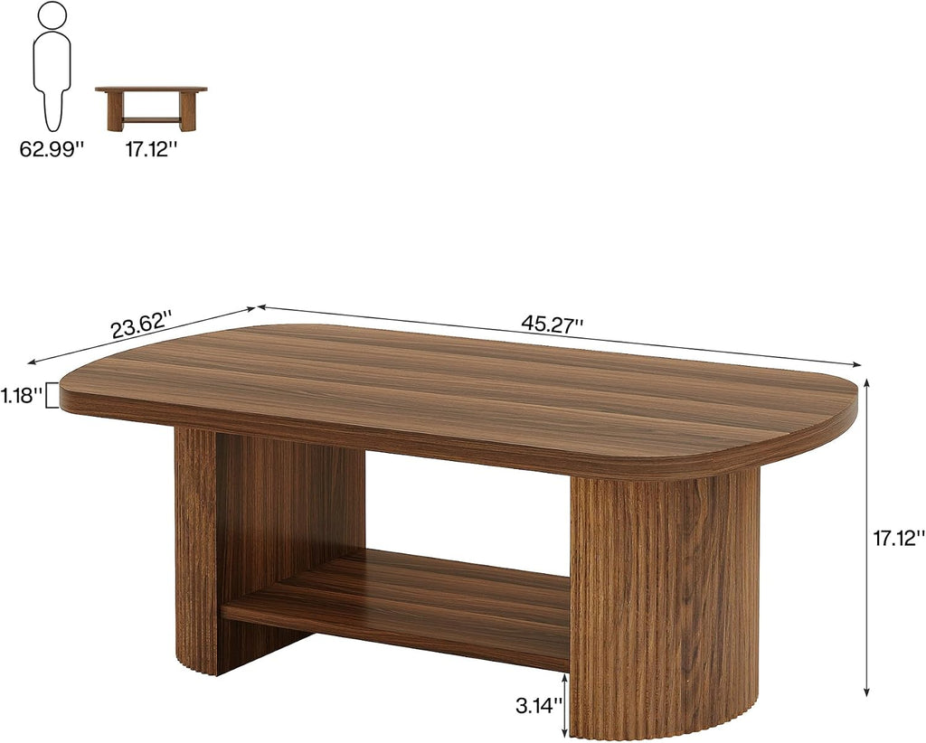 Tribesigns Oval Coffee Table, Mid-Century 2-Tier Coffee Table with Storage Shelf, Modern 45.27' Accent Center Table with Wooden Dual Base for Living Room Bedroom Apartment (Rustic Brown)