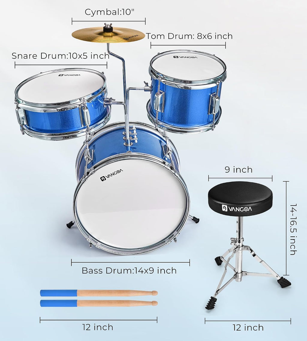 Kids Drum Set, 14 Inch Beginner Drum Kits, 3 Piece Drum Set for Kids Boys Girls, with Adjustable Throne, Cymbal Pedal, Drumsticks, Blue