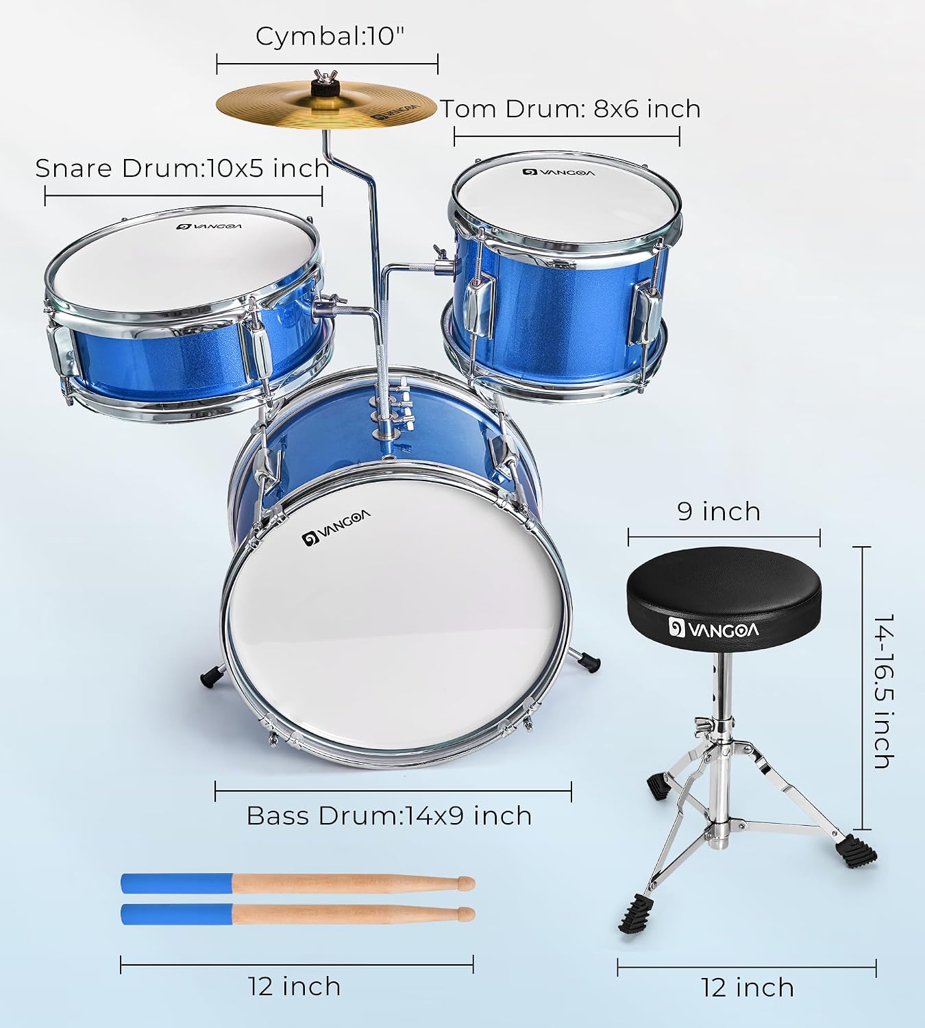 Kids Drum Set, 14 Inch Beginner Drum Kits, 3 Piece Drum Set for Kids Boys Girls, with Adjustable Throne, Cymbal Pedal, Drumsticks, Blue