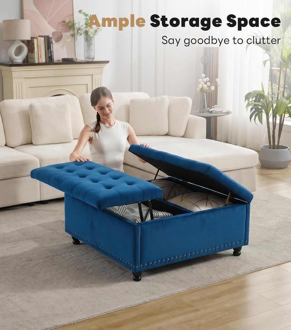 Tbfit Large Square Storage Ottoman Bench, Tufted Upholstered Coffee Table Ottoman with Lift Top & Wooden Legs, Oversized Storage Ottomans Toy Box for Living Room (Blue Velvet)