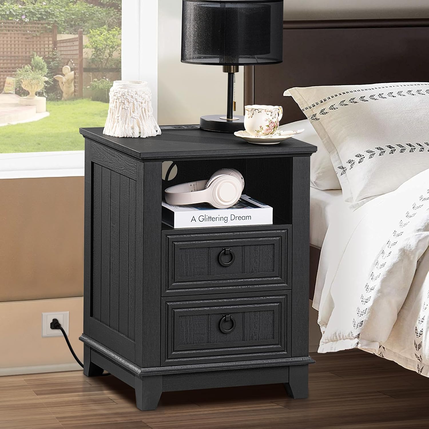 Joaxswe 18' Farmhouse Night Stand with Charging Station, 2 Drawers End Table Dresser for Bedroom, Black Wooden Nightstand, Bed Side Table with Open Shelf, Bedside Cabinet for Living Room, Closet