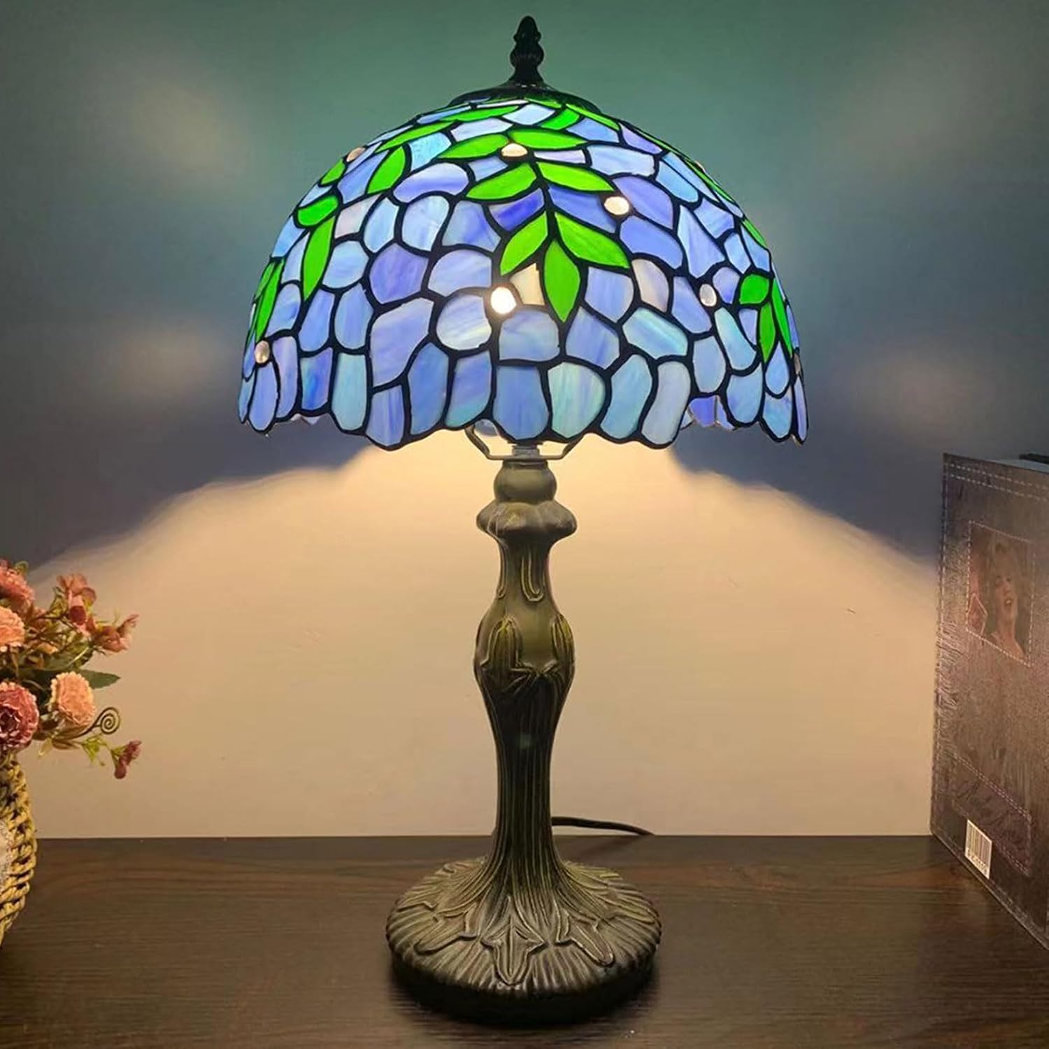 12-Inch Wisteria Lamp Shade Replacement, Tiffany Style Stained Glass Lampshades, Retro Blue Green Leaf Light Cover Accessories Only for Table lamp Pendant Lights Ceiling Light,Blue