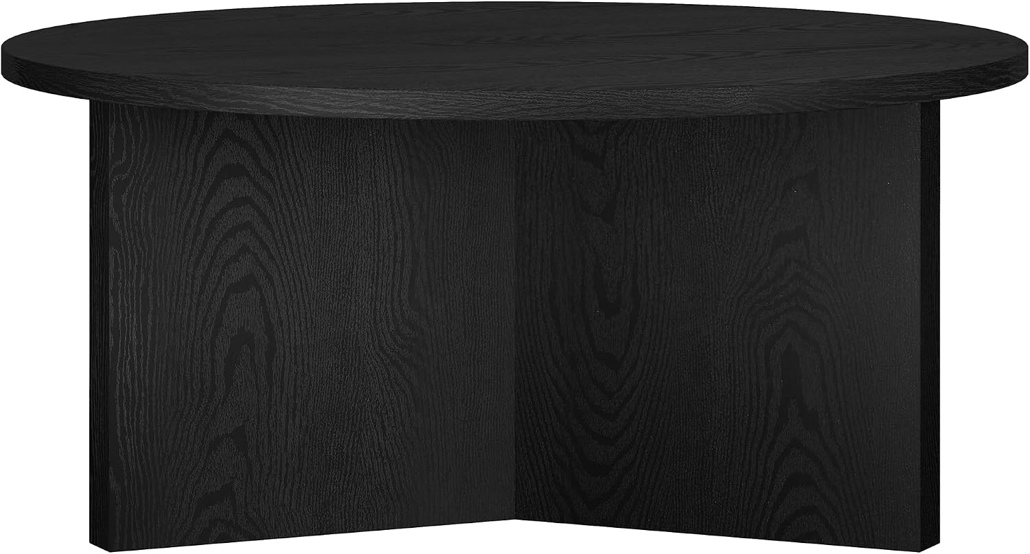 Henn&Hart 36' Round Wood Pedestal Coffee Table for Living Room, Family Room, Office, or Apartment, Natural Black