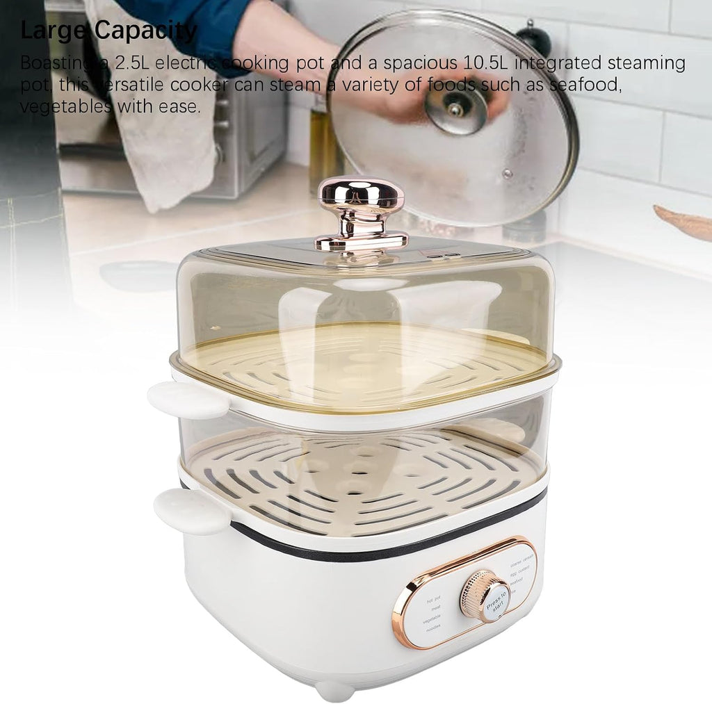 2 Tier Electric Food Steamer, 1200W 10.5L Electric Hot Pot with Steamer, Stackable Baskets, Fast Simultaneous Cooking Vegetable Steamer for Seafood, Raman, Soup, Noodles, Oatmeal