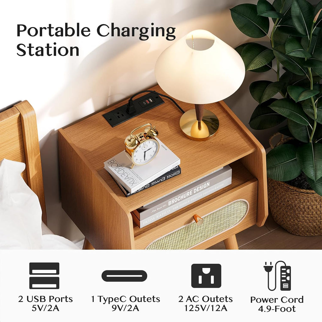 JOINICE End Tables Living Room Set of 2, Mid Century Modern Nightstands with Charging Station, Boho Rattan Bedside Tables with Drawer Storage & Solid Wood Legs, Night Stand Set 2 for Bedroom, Cherry