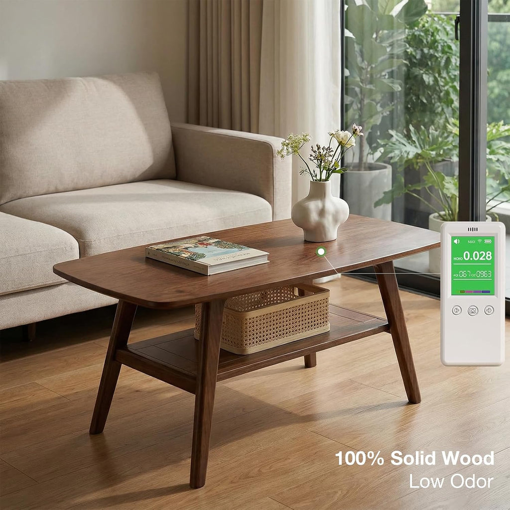 Mid Century Modern Coffee Table: 100% Solid Wood Coffee Table - 2-Tier Storage Design - Space Saving Small Coffee Tables for Living Room, Apartment (Walnut, 31.49')
