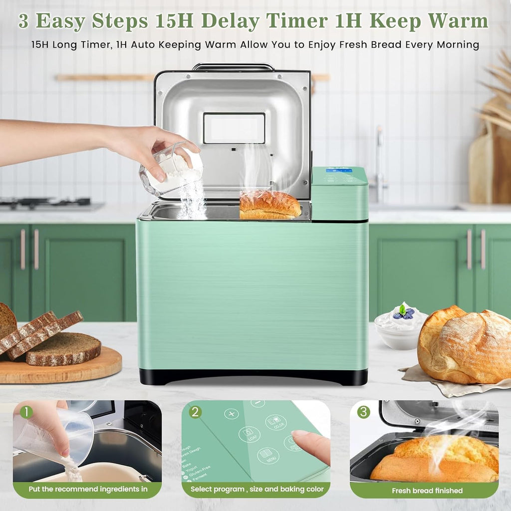 KBS 2.2LB Bread Maker, 710W Convection Bread Machine with Dual Heaters, Healthy Nonstick Ceramic Pan, Auto Nut Dispenser, 17-in-1 Bread Maker Machine for Gluten-Free, Touchscreen, 15H Delay Timer