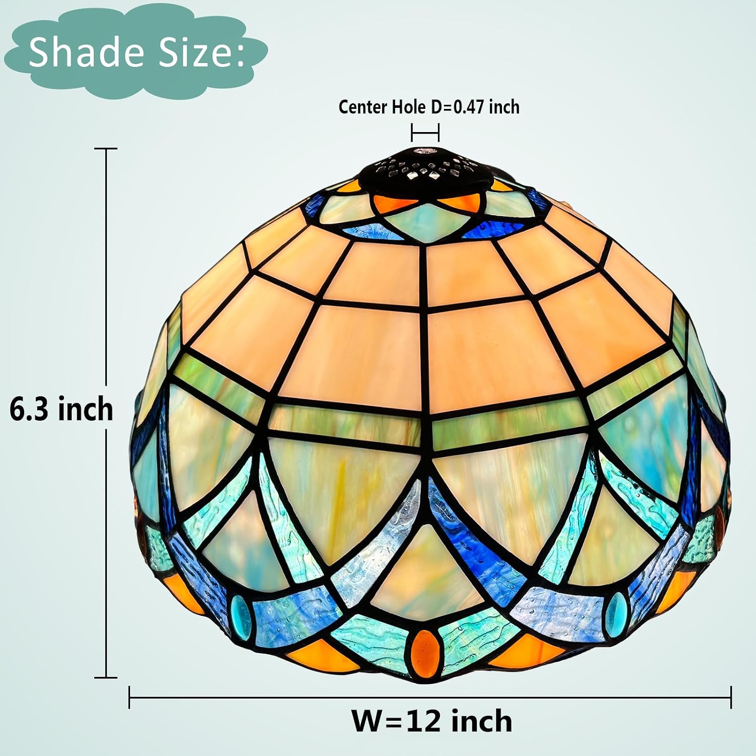 Tiffany Lampshade 12 inch Stained Glass Replacement Lamp Shade Only | Victorian Style Light Blue Shade For Medium Table Lamp Desk Light W12' x H6.3'