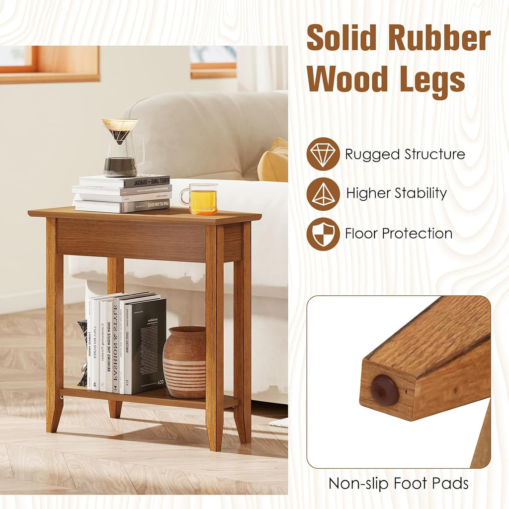 Giantex Wedge End Table, Triangle Side Table with Storage Shelf and Solid Wood Legs, 24.5' Tall Nightstand, Modern Narrow Accent Recliner Table for Small Space Living Room, Walnut