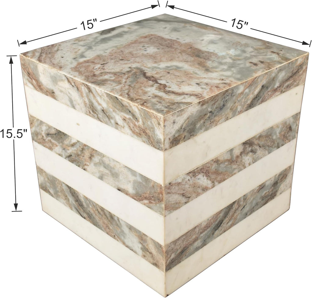 JONATHAN Y MTB1101C Felix 15.5' Contemporary Natural Marble Handmade Cube End Table, Side Table for Living Room, Bedroom, Bathroom, Beige/White/Gray