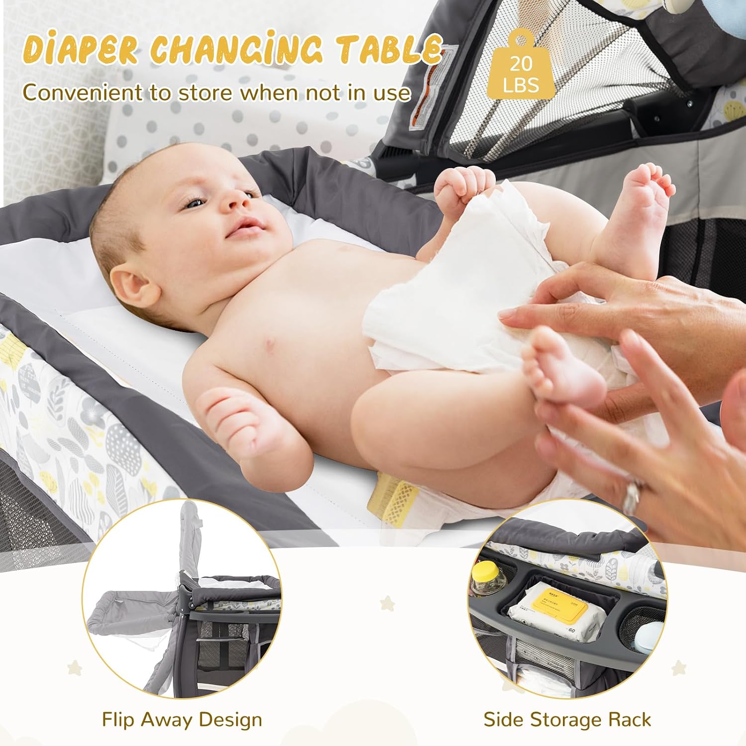 HONEY JOY Pack and Play, 4 in 1 Portable Baby Crib Playpen w/Bassinet, Changing Table, Canopy, Mattress, Music Box, Storage Bag, Foldable Pack and Play for Infant Boys Girls