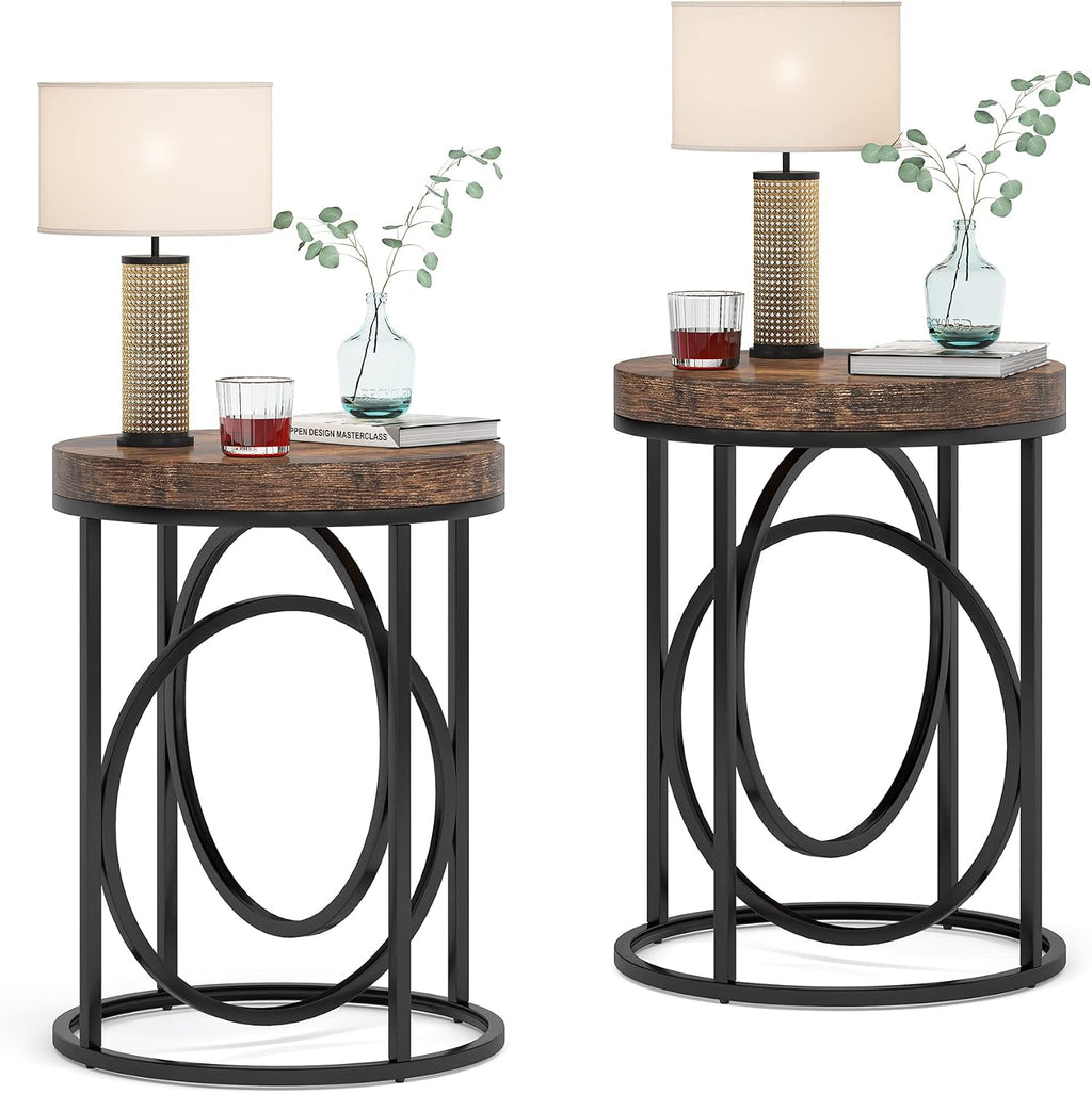 Tribesigns Round End Tables for Living Room Set of 2, 20-Inch Wide, Industrial Side Table with Metal Frame and Wood Top, Modern Circle Accent Table, Tall Narrow Nightstand for Bedroom (Rustic Brown)