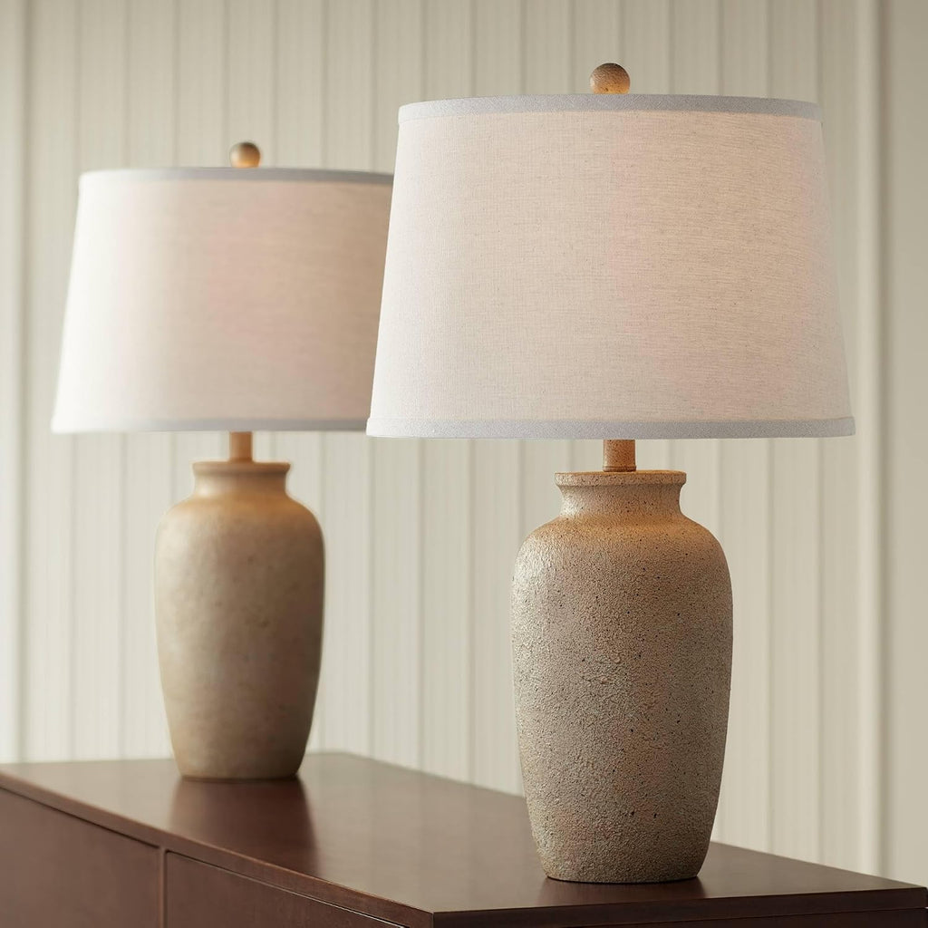 Regency Hill 25 1/2' High Farmhouse Rustic Coastal Country Cottage Table Lamps Set of 2 Beige Fabric Oatmeal Shade Living Room Bedroom Bedside Nightstand House Office Home Reading Kitchen Entryway
