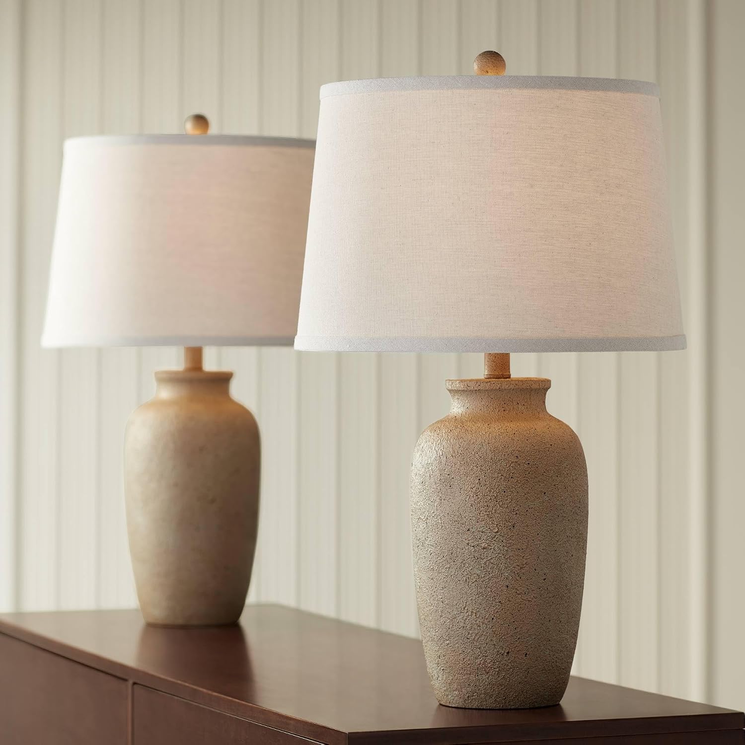 Regency Hill 25 1/2' High Farmhouse Rustic Coastal Country Cottage Table Lamps Set of 2 Beige Fabric Oatmeal Shade Living Room Bedroom Bedside Nightstand House Office Home Reading Kitchen Entryway