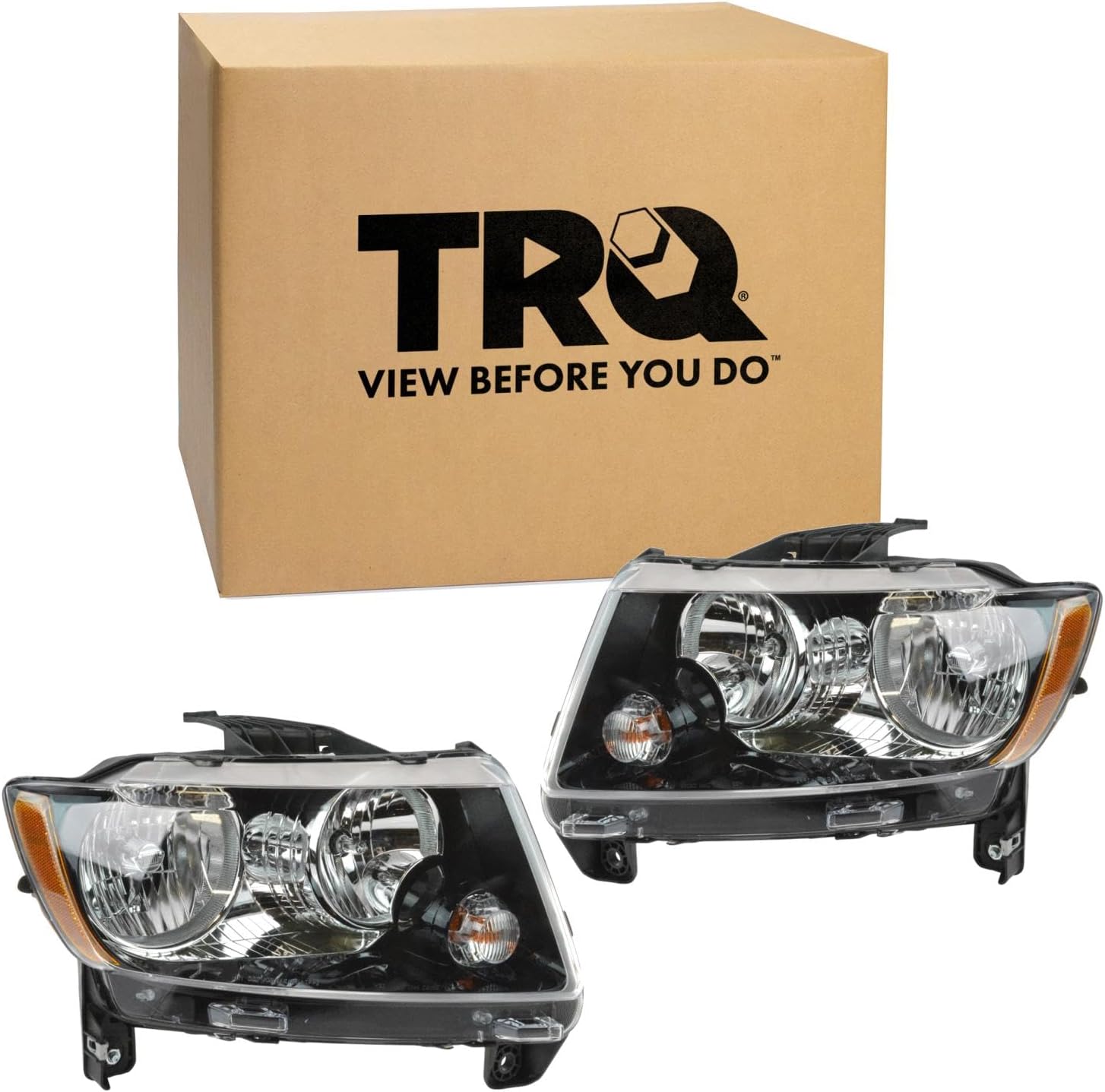 TRQ Driver and Passenger Side Headlight Assembly Set Black Bezel without Projector Headlights Compatible with 13-17 Jeep Compass