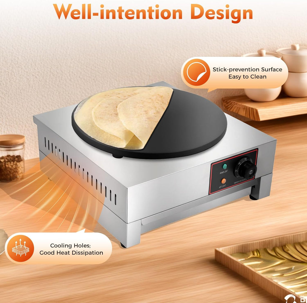 16' Commercial Crepe Maker 1700W Electric Non Stick Pancake Machine with plug, 122-572℉ Adjustable Temperature Big Hotplate Pancake Frying Pan Stove for Kitchen Convenience Store Snack Stand