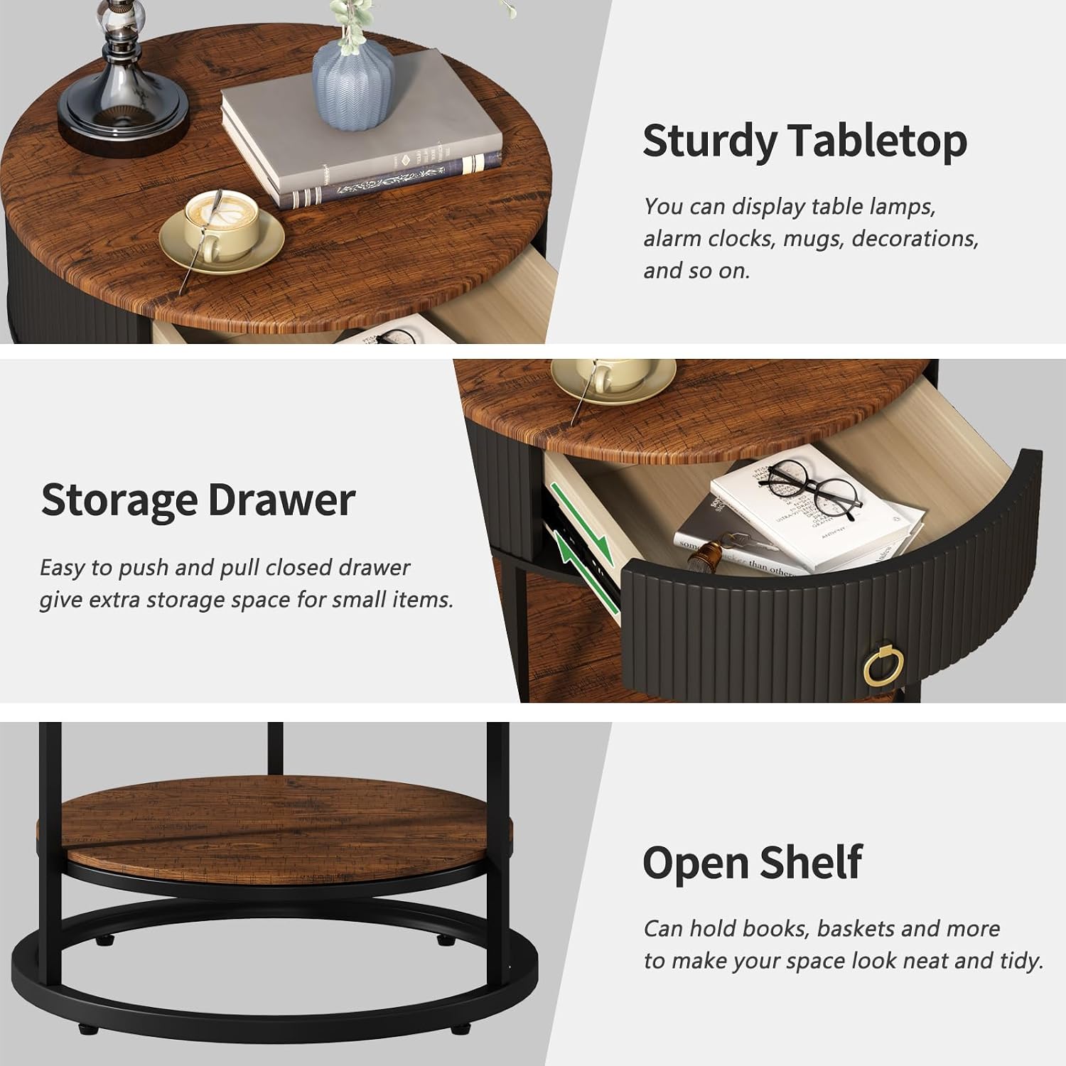 OIOG Round End Table with Drawer, Modern Wood Grain Side Table with Shelf, 2-Tier Nightstand with Drawer for Living Room, Bedroom, Rustic Brown and Black