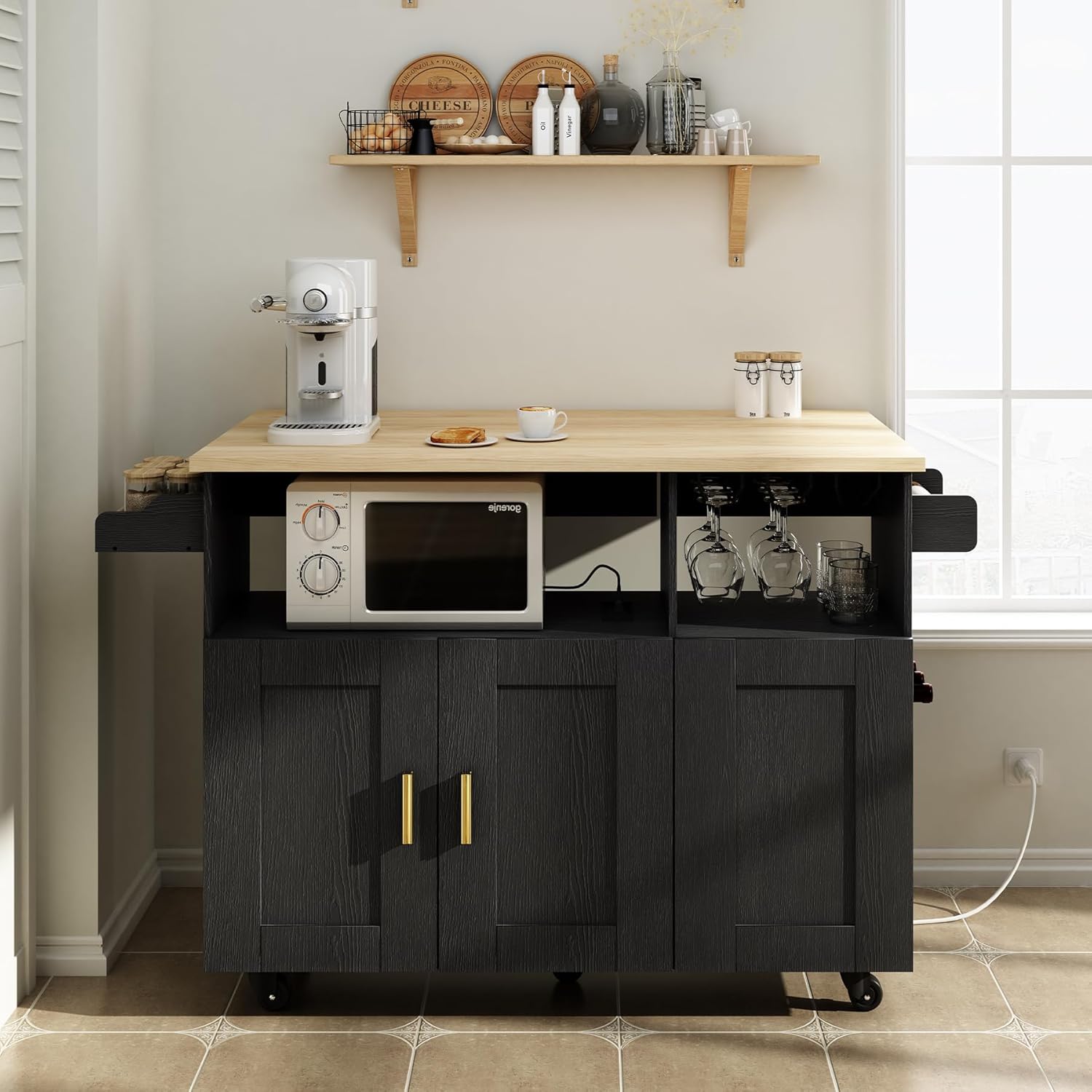 ASTRONAPE Rolling Mobile Kitchen Island with Storage and Drop Leaf, Island Table with Countertop Power Socket and Wheel (Black, Model 1.2)
