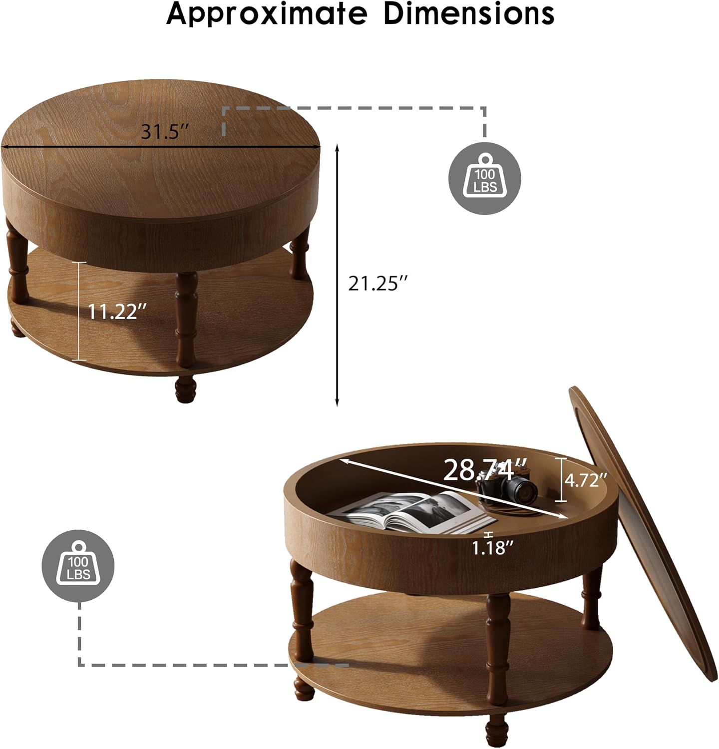 Hayzz Round Coffee Table with Storage 31.5 Inch, Modern Lift Top Accent Coffee Table with Hidden Compartment & Lower Shelf, Adjustable Leveling Feet, Easy Assembly for Living Room, Walnut Brown