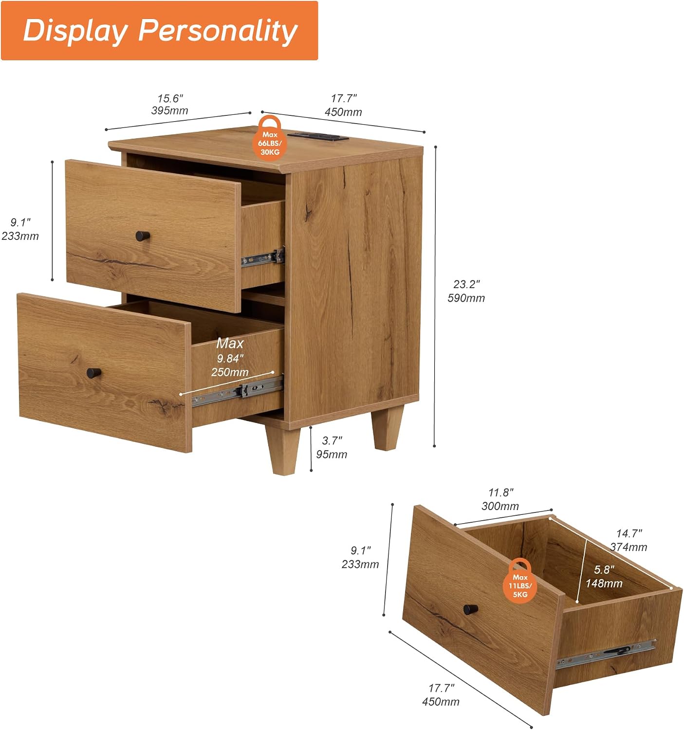 WAMPAT Nightstands with Charging Station & 2 Drawers, Set of 2 Modern Mid-Century End Tables Wooden Bedside Table for Living Room, Bedroom Storage, Oak Brown