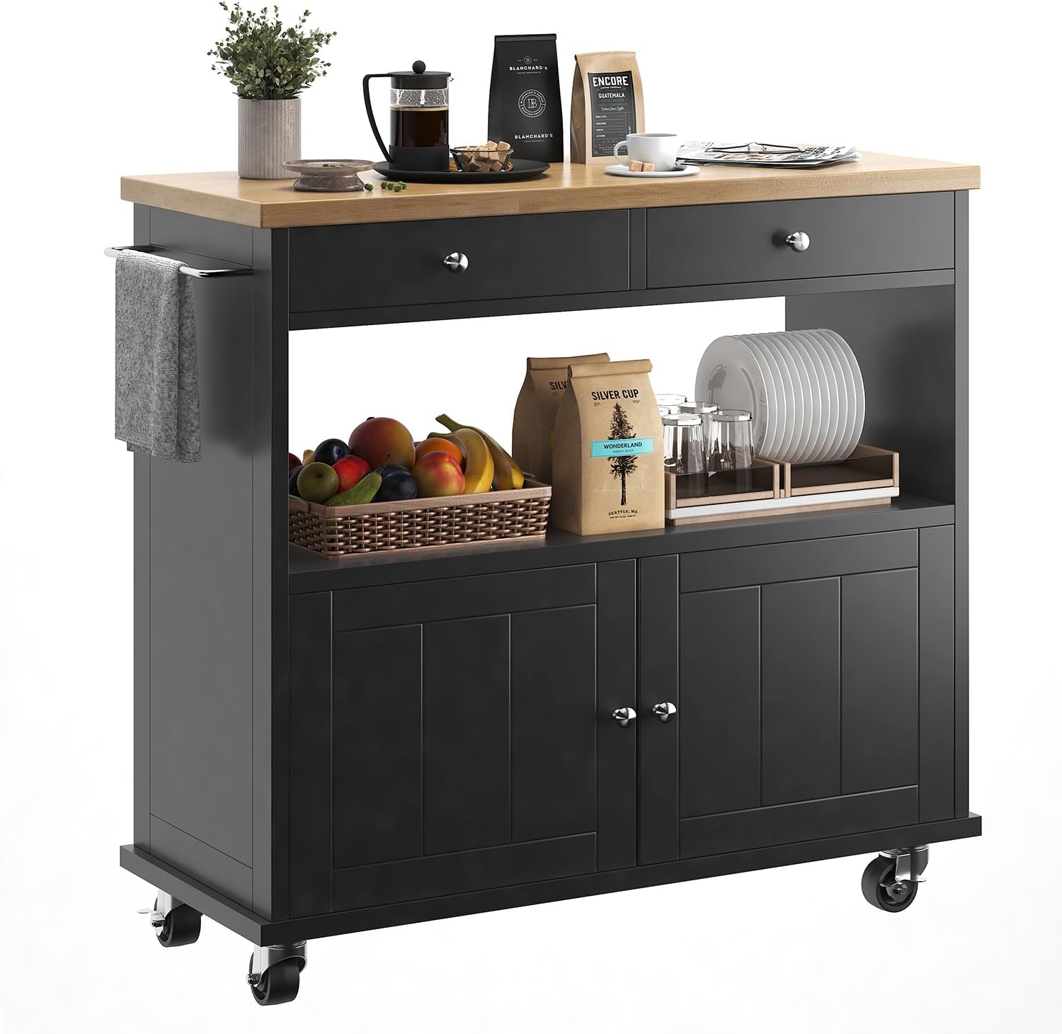 knoworld Rolling Kitchen Island with Storage Cabinet, 35.4'' Width Kitchen Cart, 2 Drawers Island Table, Portable Mobile Kitchen Island with Towel Rack, Wood Top and Lockable Wheels, Black