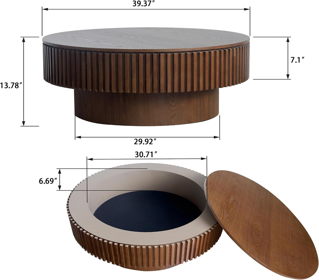 39.37' Round Coffee Table with Storage for Living Room Wood Coffee Table Contemporary Circle Center Table for Apartment, Easy Assembly, Walnut