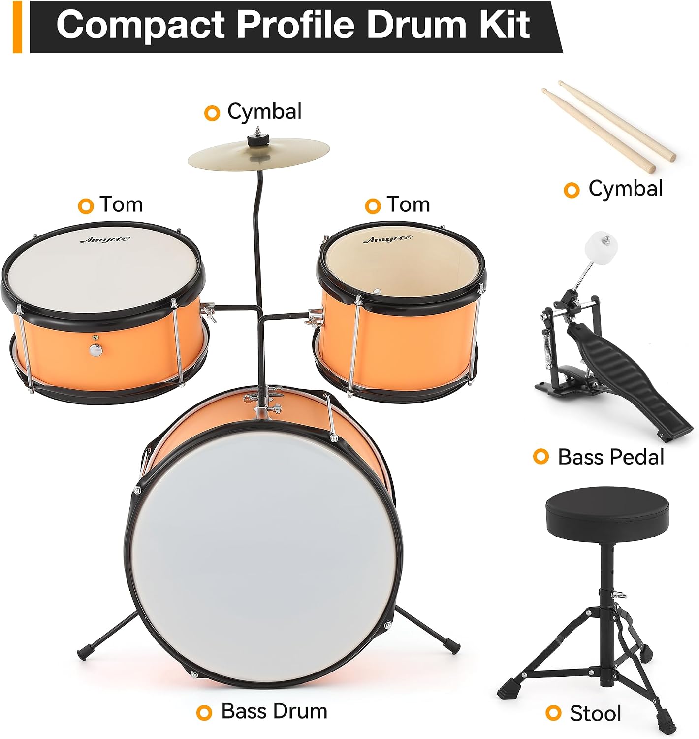 3-Piece Beginner Drum Set, Beginner Drum Set,with Bass Tom Snare Drum, 14 Inch Drum Kit with Snare, Cymbal, Drumsticks, Adjustable Seat (Yellow)