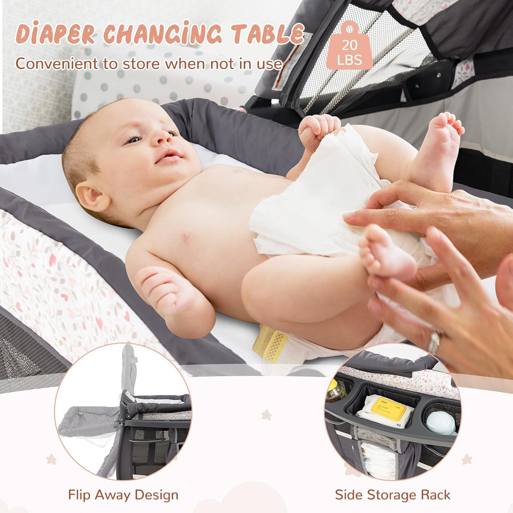 HONEY JOY Pack and Play, 4 in 1 Portable Baby Crib Playpen w/Bassinet, Changing Table, Canopy, Mattress, Music Box, Storage Bag, Foldable Pack and Play for Infant Boys Girls
