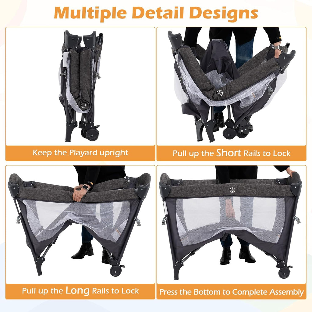INFANS 4 in 1 Baby Bassinet, Converts Pack and Play to Portable Bedside Crib Sleeper with Diaper Changer, Mattress, Carry Bag, Music Box, Hanging Toys for Infants Toddlers(Grey)