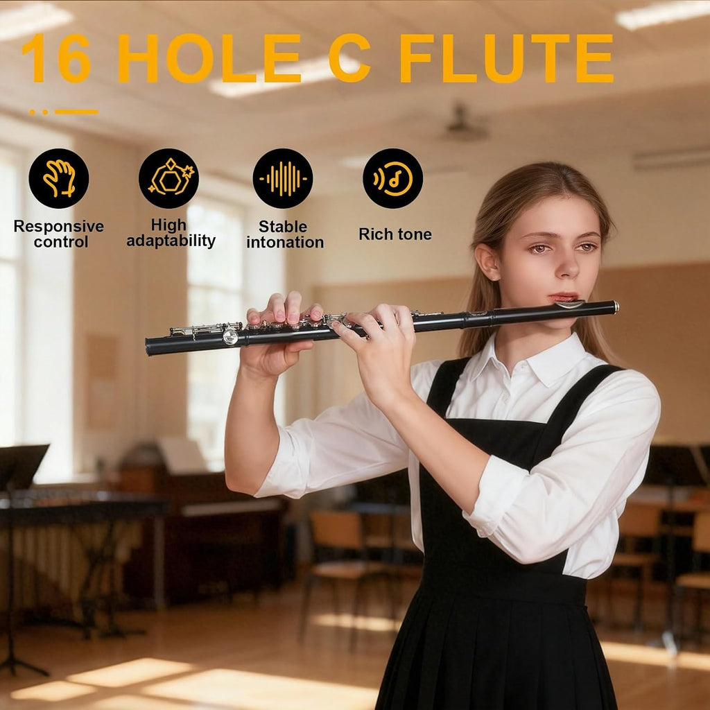 Kmise Closed Hole C Flute, Responsive Flute Instrument, Premium and Durable Flutes with Gig Bag, Collapsible Stand, Beginner's Guide, Cleaning Kit - Effortless for Beginners, Students (Matte Black)