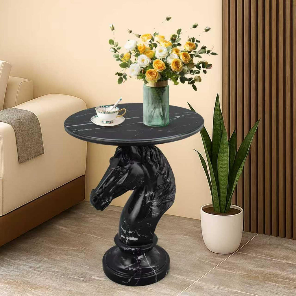 Modern End Table Living Room Horse Statue Black Contemporary‌ Faux Marble Night Stand Side Table with Horse Head Base Reception Area & Bedroom（Width 19.69' ——Tall 24.5'）