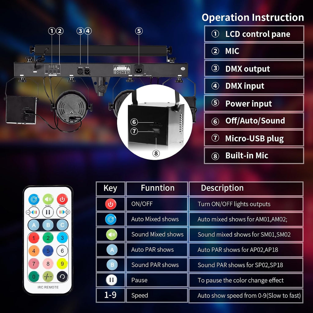 DJ Lights with Stand, 5 in 1 Party Lights DJ Disco Light for Parties Indoor, Sound Activated Mobile Stage Lighting System with DMX& Remote Control, Disco Ball Stage LED Par Light with Bag for Bar Gig